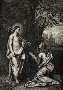 V0034821 The risen Christ appears as gardener to Mary Magdalene. Engr Credit: Wellcome Library, London. Wellcome Images images@wellcome.ac.uk http://wellcomeimages.org The risen Christ appears as gardener to Mary Magdalene. Engraving. Published: - Copyrighted work available under Creative Commons Attribution only licence CC BY 4.0 http://creativecommons.org/licenses/by/4.0/